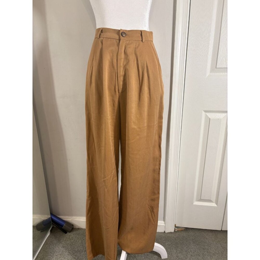 Reformation Mason Pants – Camel Pleated Wide-Leg Tencel Trousers (Size 2)